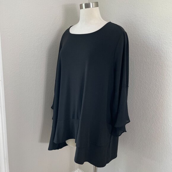 Roz & Ali Womens Plus 3X Black Tunic Top Bell Sleeves Blouse Shirt Round Neck - Picture 2 of 11